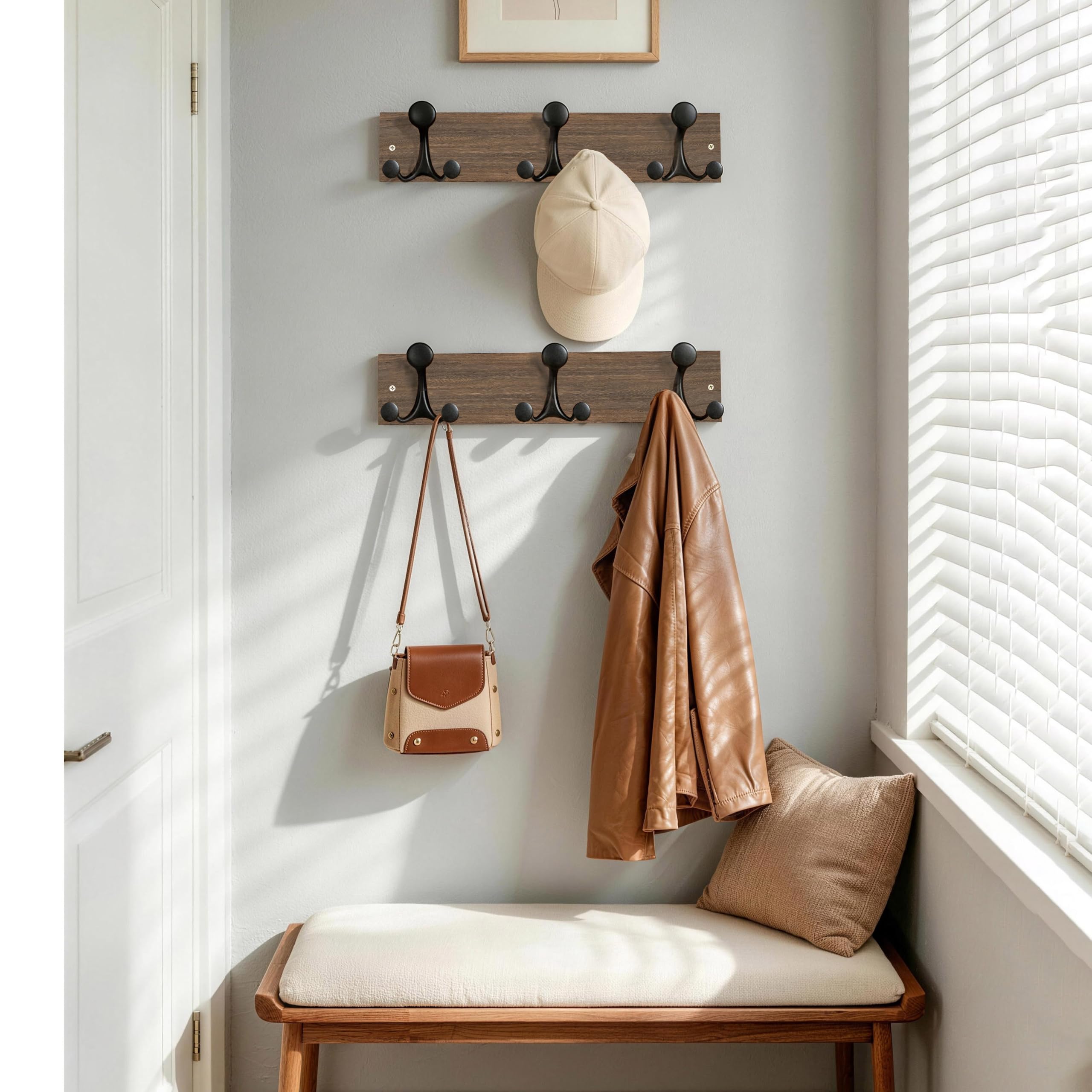 HONSKY Wall Mounted Coat Rack, 43cm Paulownia Wood Backboard, 3 Sturdy Black Aluminium Alloy Triple Hooks (9 Hanging Points)