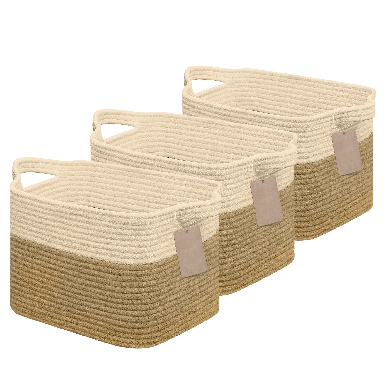 JOJOSEE Small Cotton Woven Storage Basket for Shelves, Beige&Brown, 3PCS