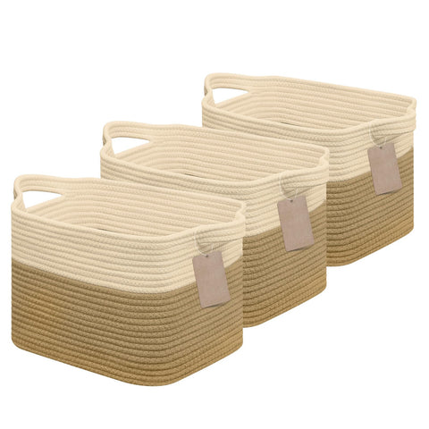 JOJOSEE Small Cotton Woven Storage Basket for Shelves, Beige&Brown, 3PCS
