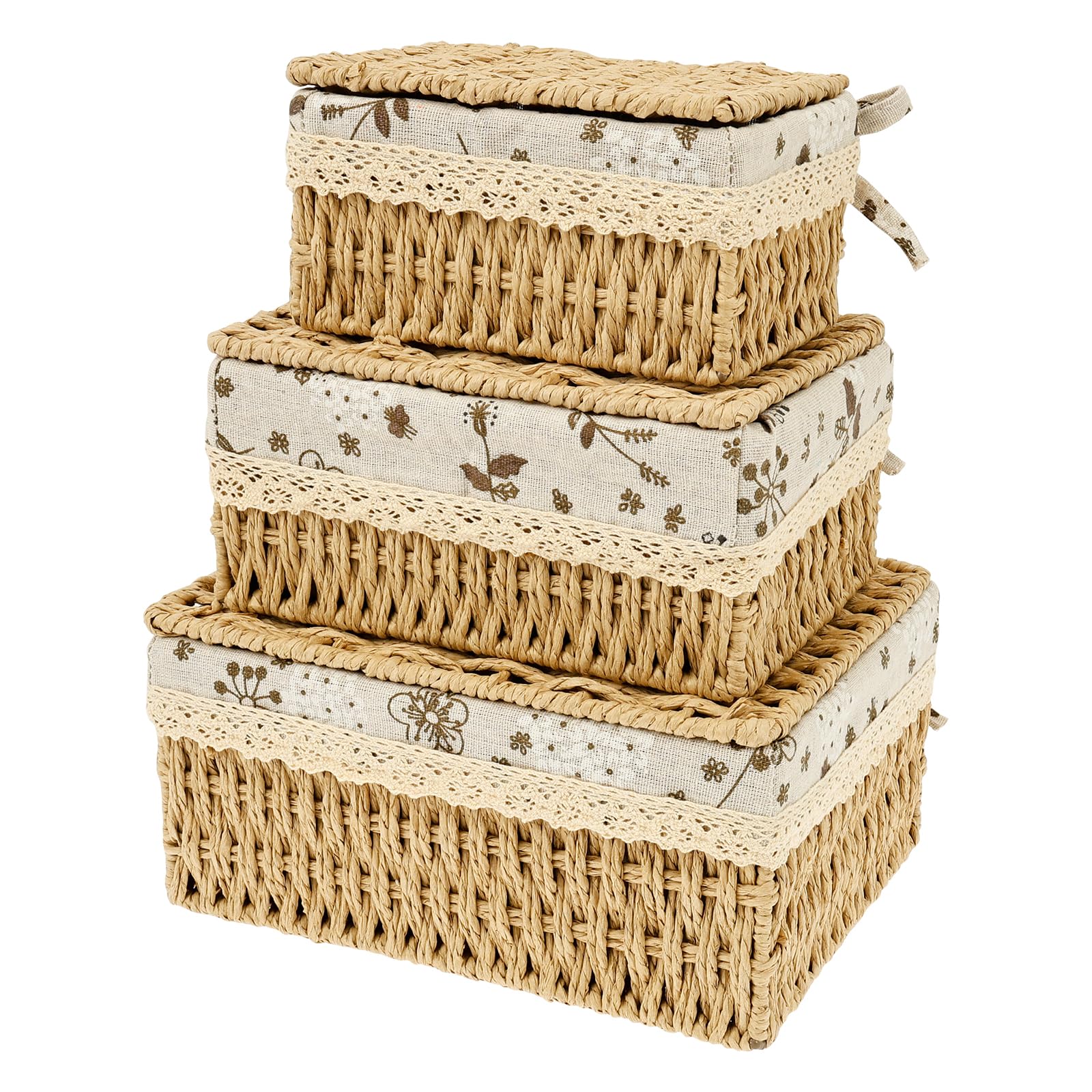 3Pcs Wicker Storage Basket with Lids Decorative Storage Boxes Handmade Wicker Hamper Box for Shelves Reusable Space-Saving Paper Rope Basket Bedroom