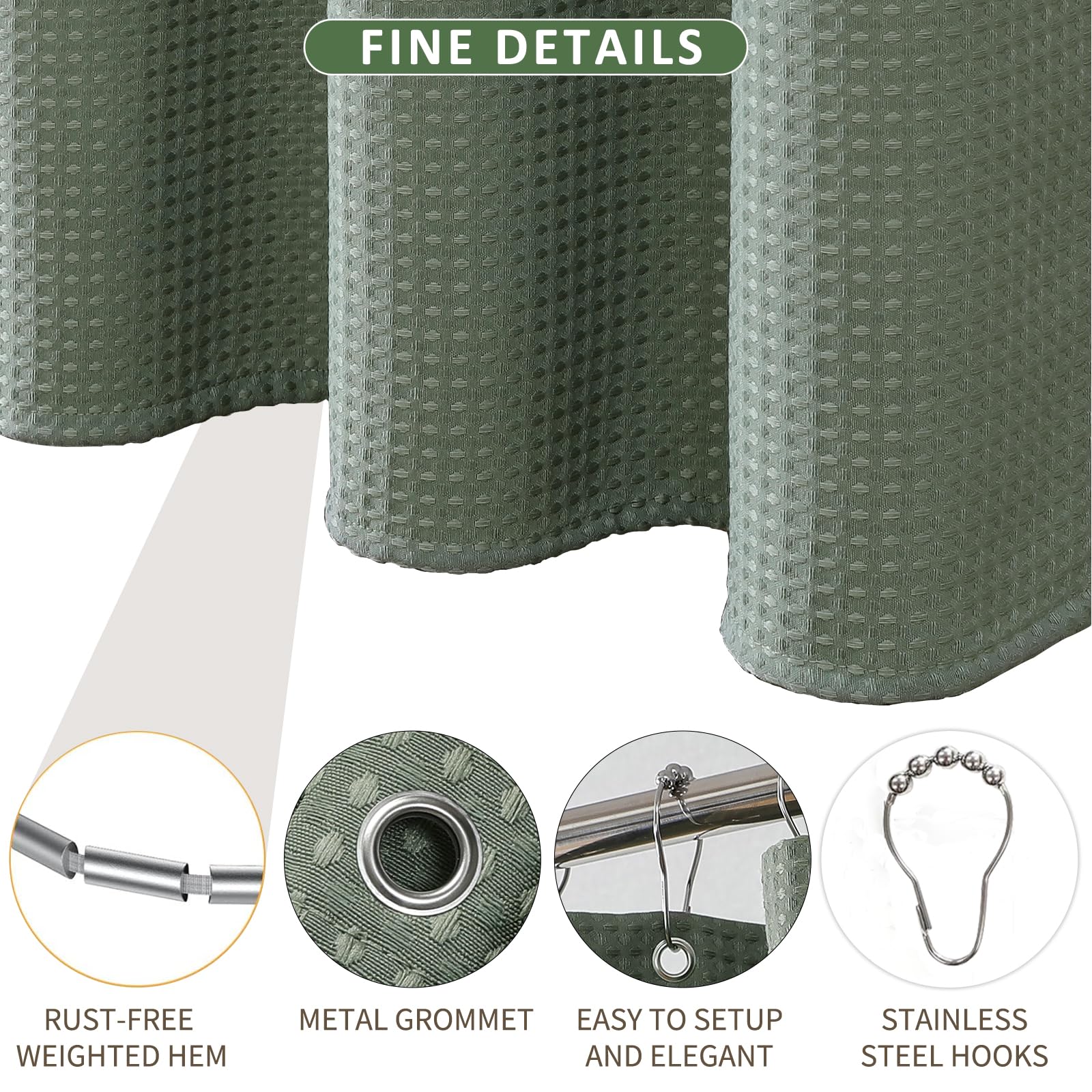 FY&XZH Heavy-Duty Waffle Weave Shower Curtain with Stainless Steel Hooks, Thick Fabric for Bathroom, Hotel, Spa & Salon-153 x 183cm (Green)