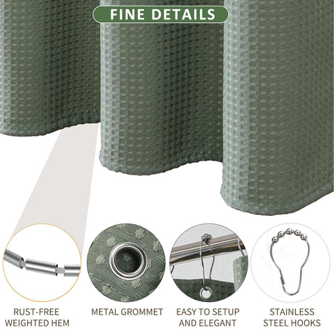 FY&XZH Heavy-Duty Waffle Weave Shower Curtain with Stainless Steel Hooks, Thick Fabric for Bathroom, Hotel, Spa & Salon-153 x 183cm (Green)