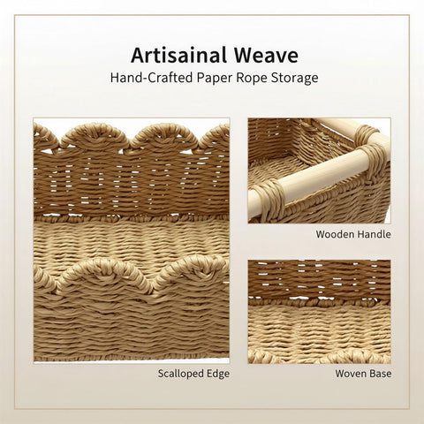 2 PCS Beige Paper Rope Storage Basket Set, Hand-Woven Scalloped Woven Organizer Bins with Wooden Handles