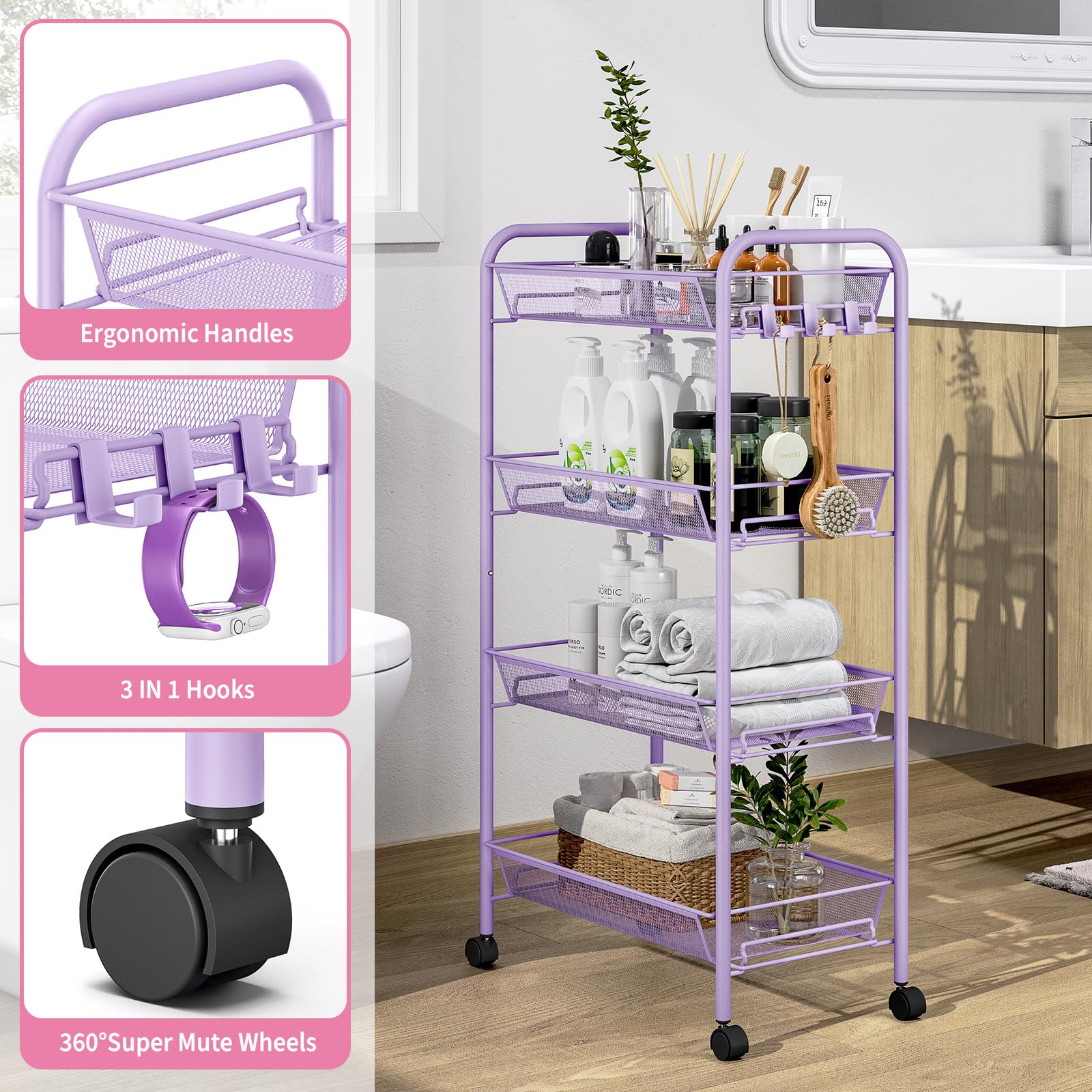 APEXCHASER 4-Tier Rolling Cart,Easy Assemble Mobile Storage Trolley On Wheels,Slide Out Utility Cart Shelving Units Kitchen Bathroom Laundry Room