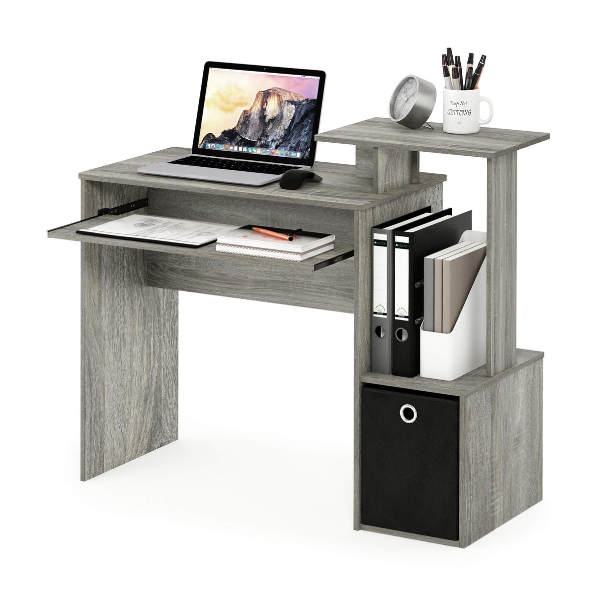 Furinno ECON Desk, Gaming Desk with Keyboard Tray, Computer Desk, Office Desk with Side Shelves and Storage Bin for Home Office, Study Room, Dorm