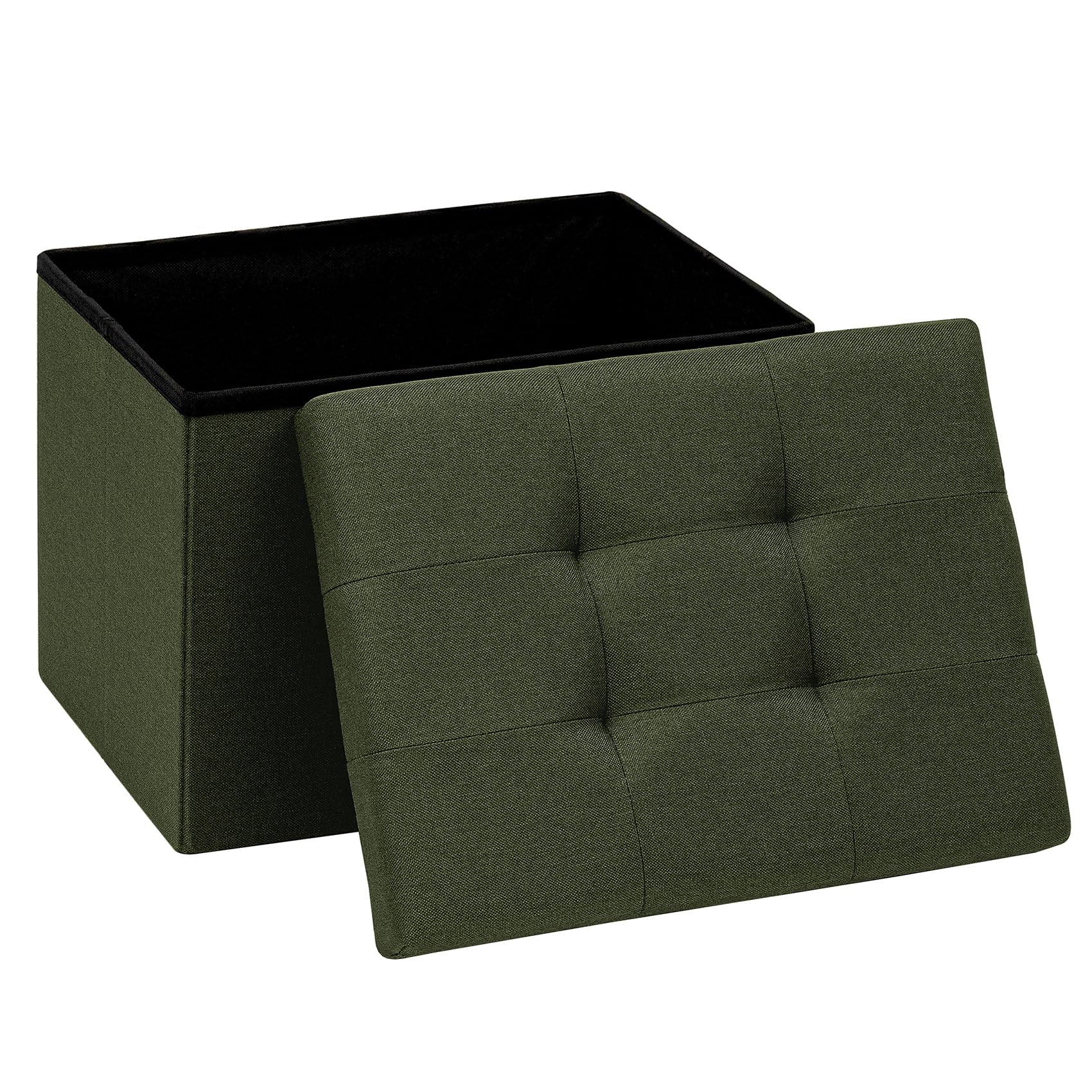 PINPLUS Linen Ottoman Storage Box with Lid, 42x32x32 cm, Olive Green
