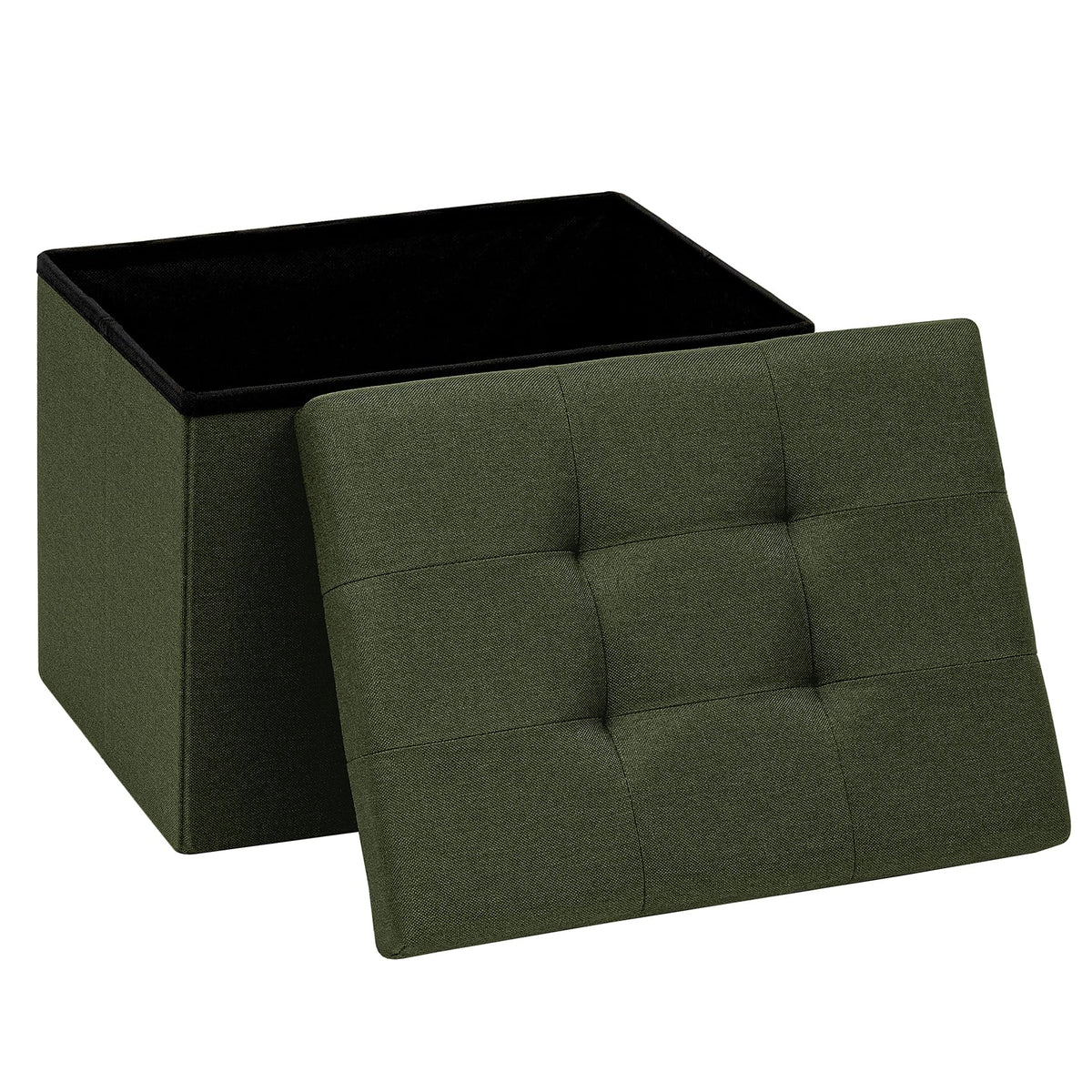 PINPLUS Linen Ottoman Storage Box with Lid, 42x32x32 cm, Olive Green