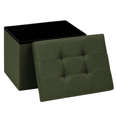 PINPLUS Linen Ottoman Storage Box with Lid, 42x32x32 cm, Olive Green