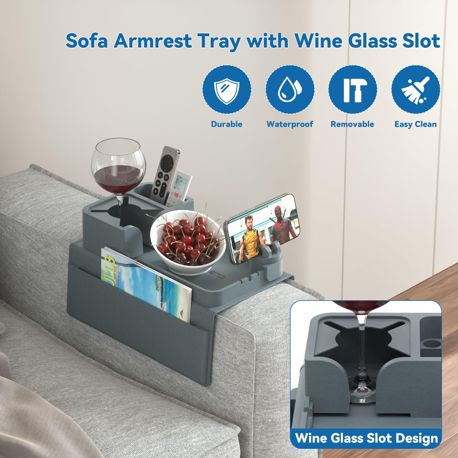 Couch Cup Holder - Anti-Slip Sofa Armrest Tray with Dual Side Pockets - Silicone Anti-Spill Sofa Drink Holder Arm with Phone Holder