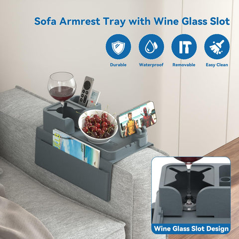 Couch Cup Holder - Anti-Slip Sofa Armrest Tray with Dual Side Pockets - Silicone Anti-Spill Sofa Drink Holder Arm with Phone Holder