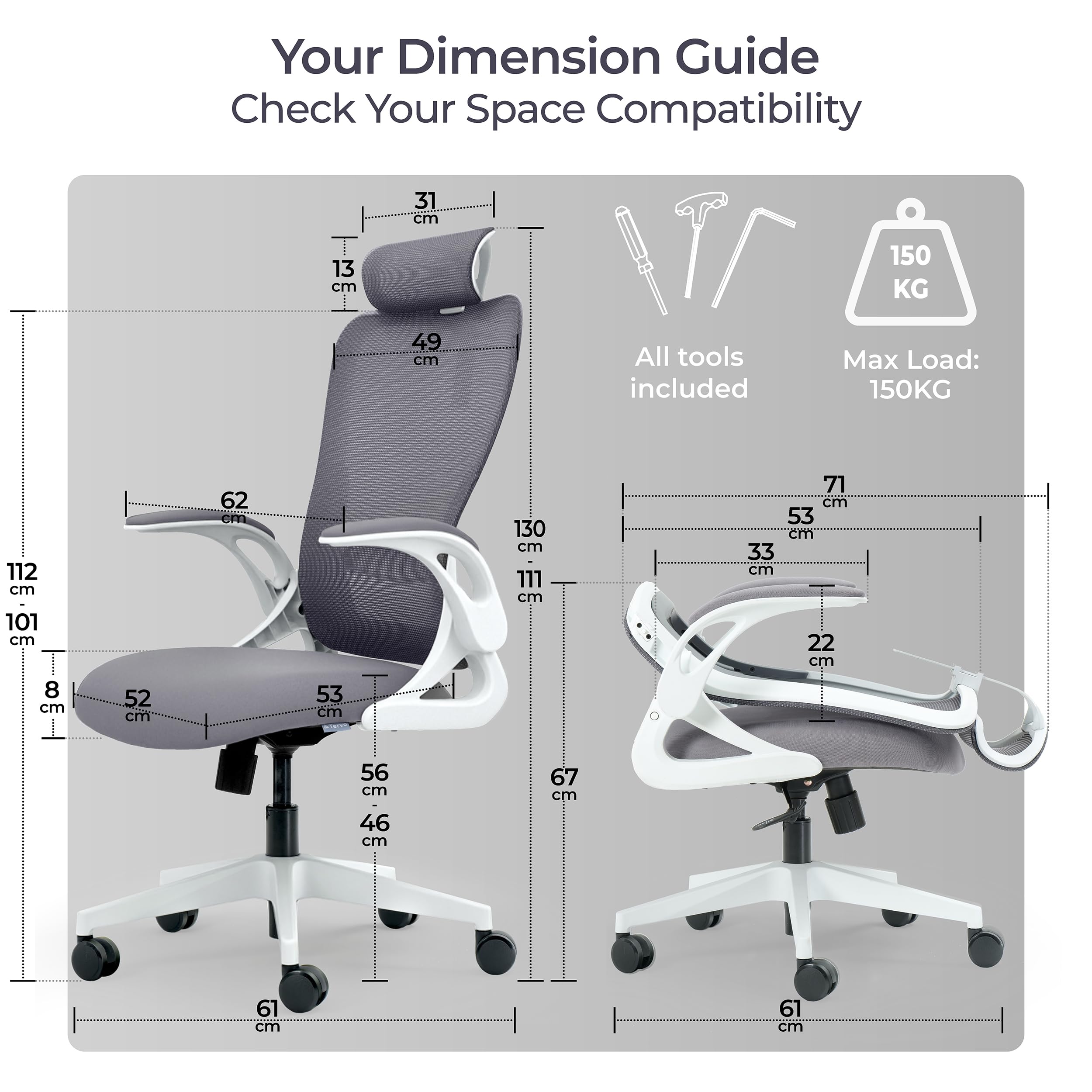 Tervo Model U | Folding Office Chair for Small Spaces | Ergonomic Design with High Rebound Mesh | Computer Desk Chair for Gaming | For Adults & Kids