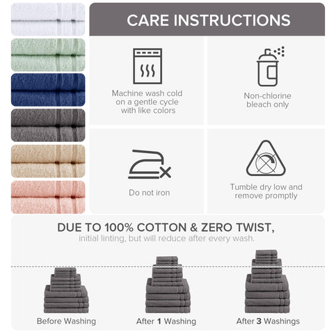 Comfort Spaces Bathroom Towel Set of 12 Piece Luxury Bath Towel Set 4 Hand Towel for Bathroom 4 Washcloth 4 Large Bath Towel Sets 100% Cotton Quick