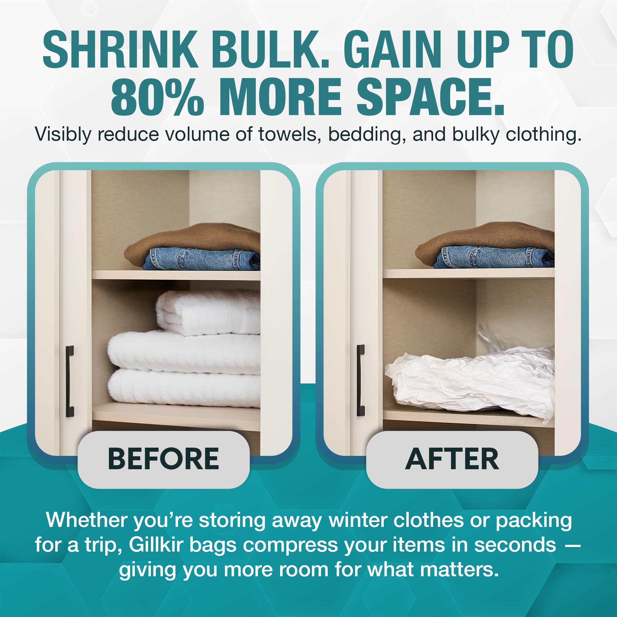 GILLKIR Vacuum Storage Bags - Assorted 6-Pack Including 3 Large & 3 Medium Compression Vacuum Bags for Clothes, Bedding - Durable
