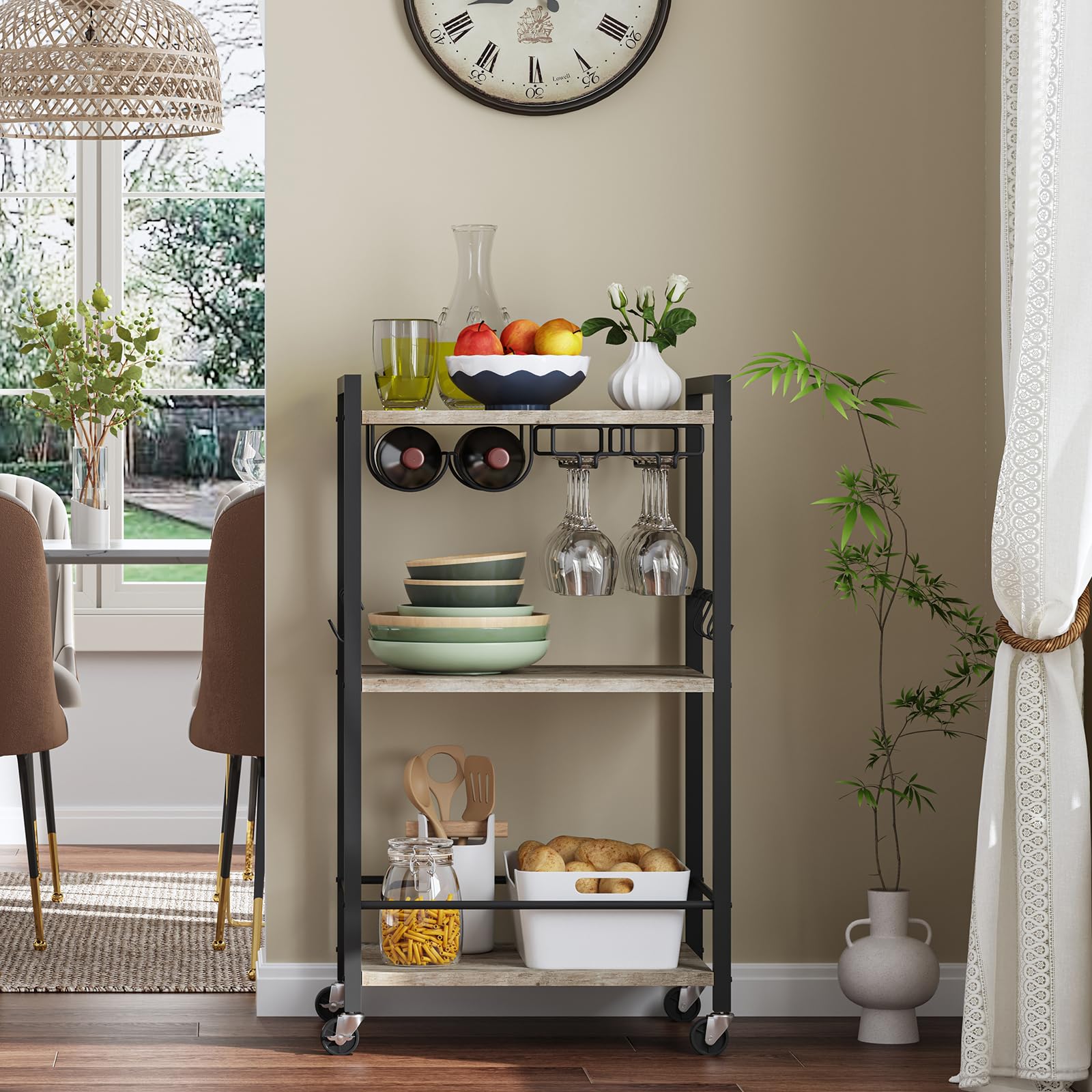 TUTOTAK Drinks Trolley, Bar Cart with 3-Tier Shelf, Serving Trolley with Wine Rack, Glass Holder, Rolling bar cart for The Home, Living Room