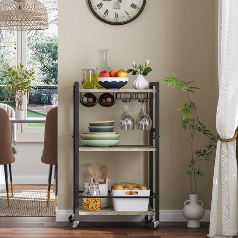 TUTOTAK Drinks Trolley, Bar Cart with 3-Tier Shelf, Serving Trolley with Wine Rack, Glass Holder, Rolling bar cart for The Home, Living Room