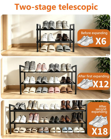 Anhow Extendable Shoe Rack, 2 Tier Adjustable Shoe Storage, 44 to 109 cm, Black Metal Free Standing Shoe Rack, Space Saving for Wardrobe, Closet