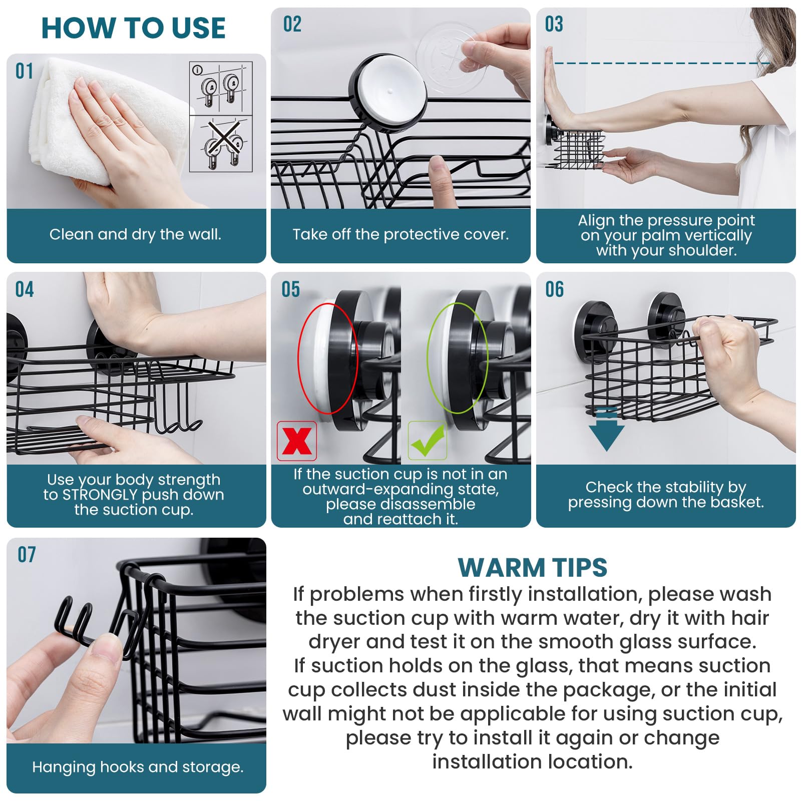 TAILI Suction Shower Caddy Stainless Steel Rustproof Suction Cup, Black