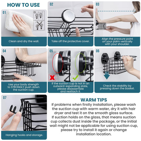 TAILI Suction Shower Caddy Stainless Steel Rustproof Suction Cup, Black