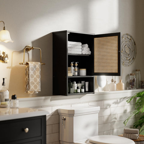 vovala Bathroom Wall Cabinet, Bamboo Over-The-Toilet Storage Organizer with Rattan Doors and Adjustable Shelf