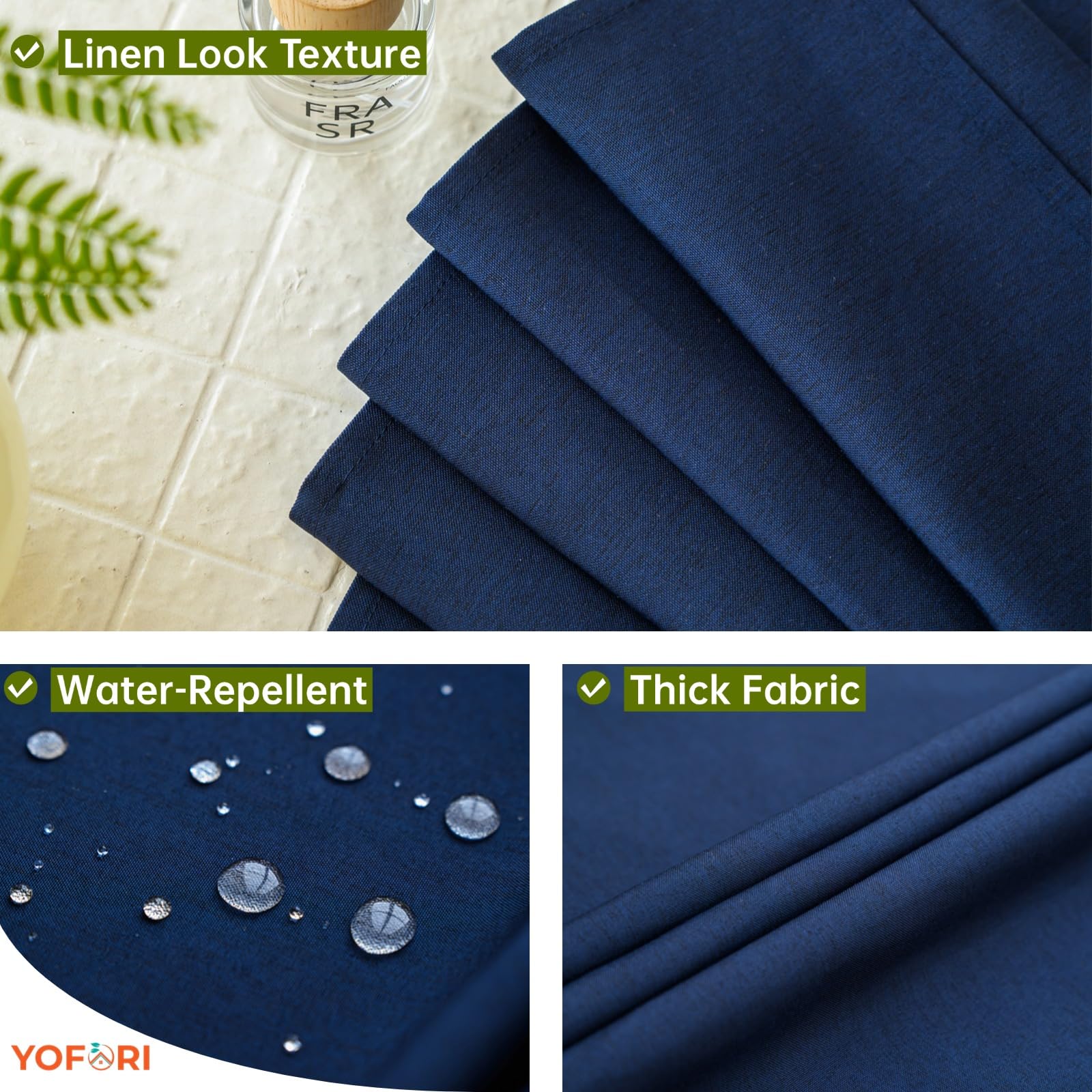 Yofori Navy Blue Shower Curtain for Bathroom, Fabric Shower Curtains Faux Linen Polyester Wet Room Shower Curtains Sets with Metal Hooks, 183x183cm