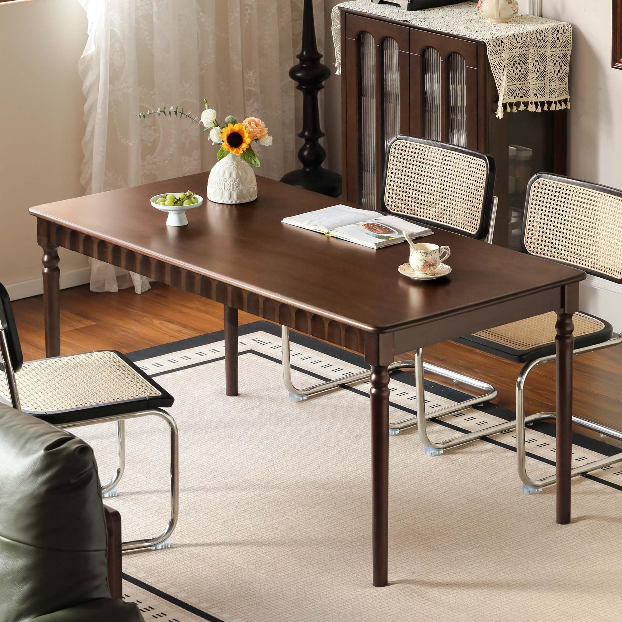 140cm Solid Poplar Wood Dining Table Dark Walnut Finish Rectangular Solid