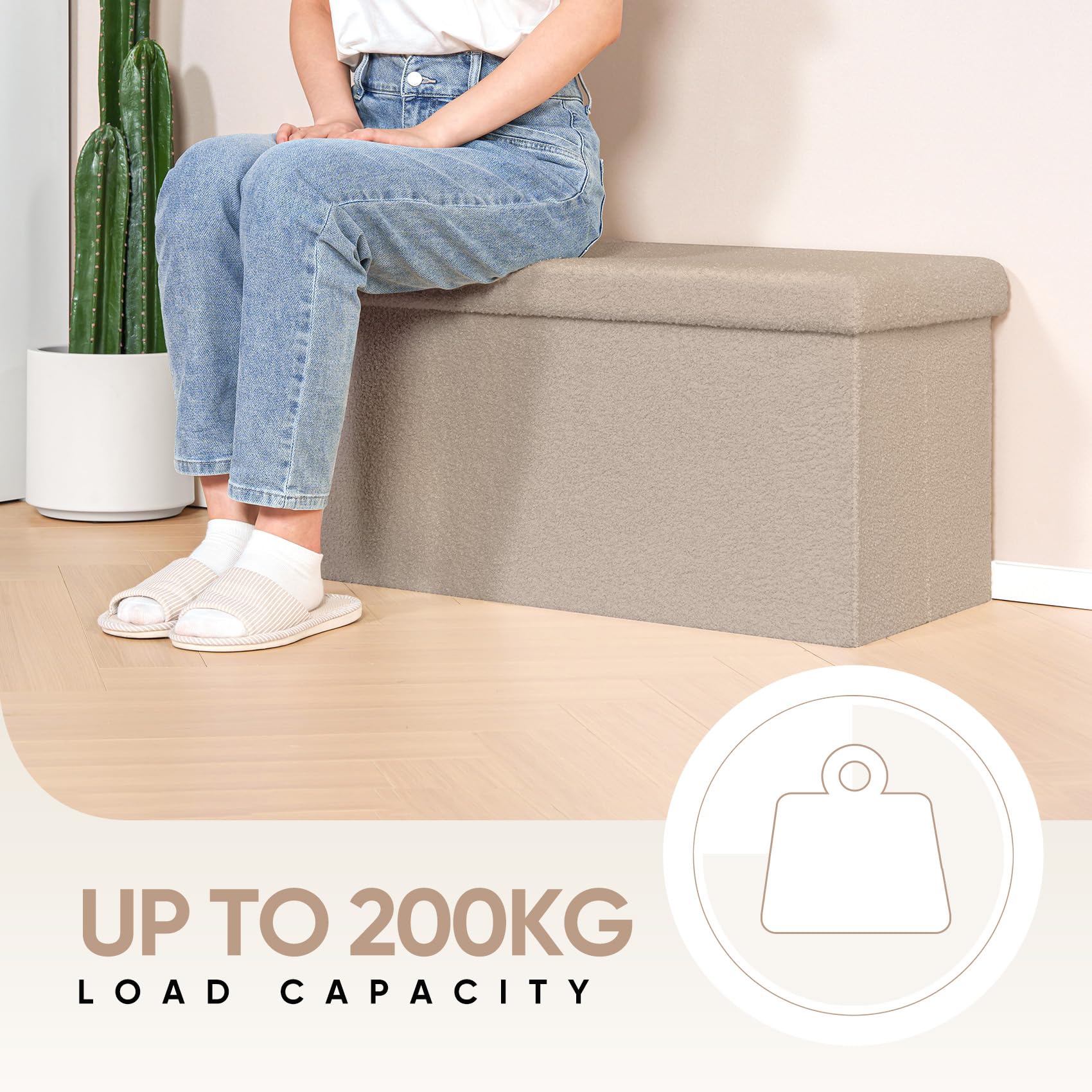 Bonlife Ottoman Bench,Large Toy Storage Box with Lid,Folding Footstool with Storage for Living Room,Hallway,Boucle Fabric,Beige,80x40x40cm