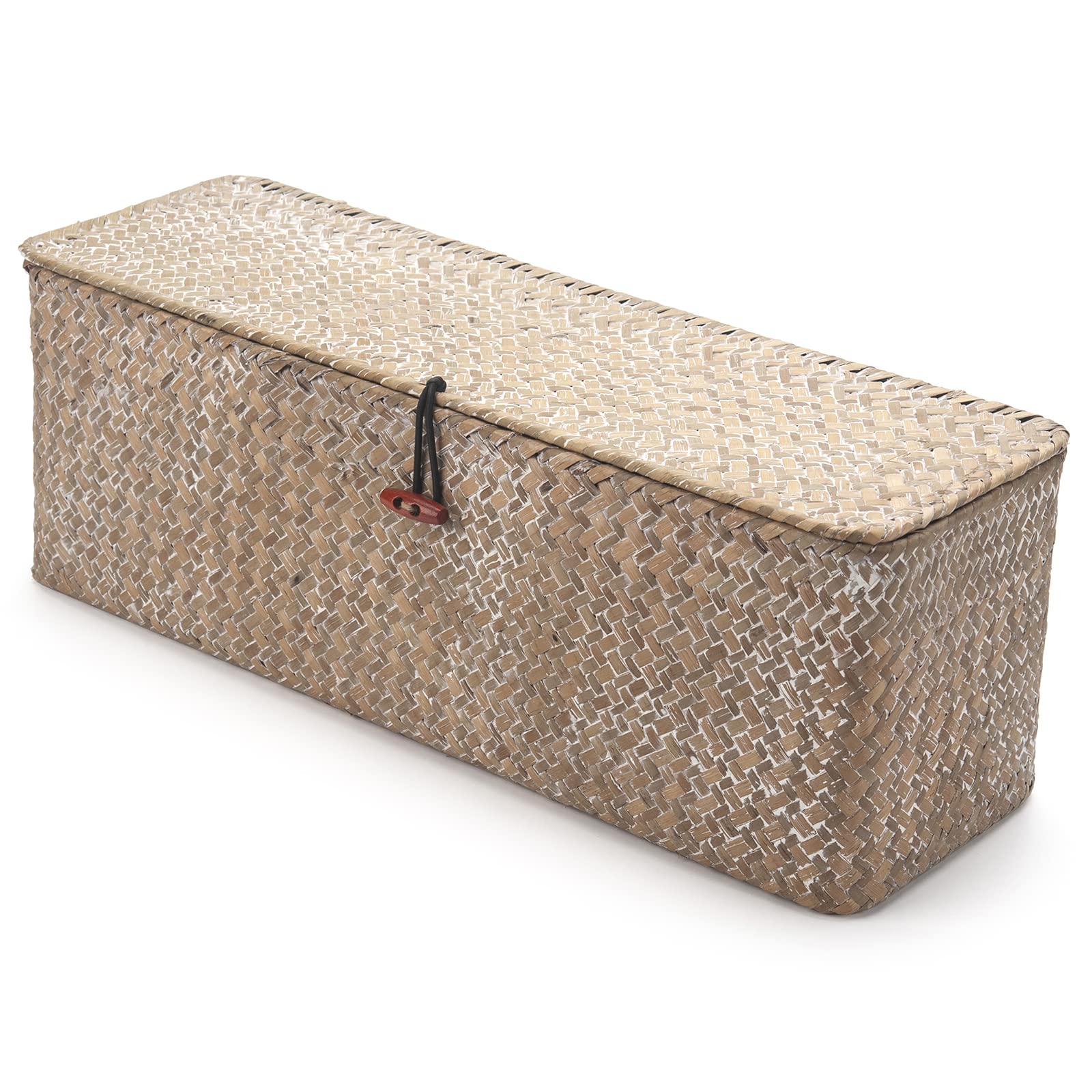 Whitewash Seagrass Tank Basket with Lid Woven Toilet Roll Storage Basket with Sections Rectangular for Organize Snack Toys