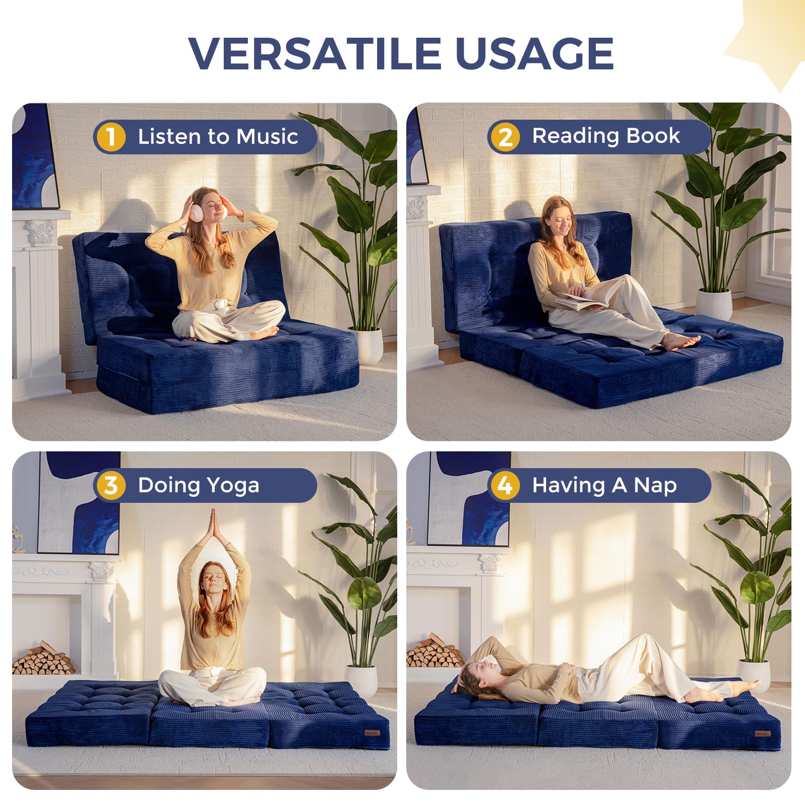 MAXYOYO Folding Mattress, Comfy Corduroy Foldable Mattress with 15cm Thicken Foam, Tri-Fold Floor Futon Sofa Bed for Guest,Dark blue,King