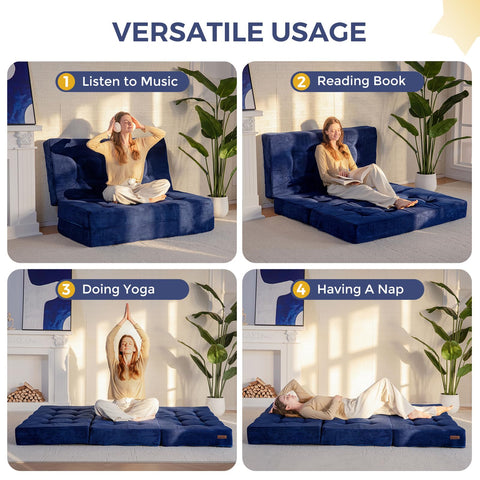 MAXYOYO Folding Mattress, Comfy Corduroy Foldable Mattress with 15cm Thicken Foam, Tri-Fold Floor Futon Sofa Bed for Guest,Dark blue,King