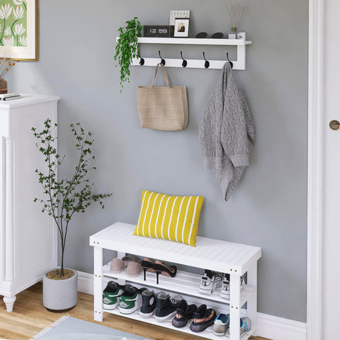 SMIBUY Coat Hooks with Shelf Wall-Mounted, 74 cm Entryway Coat Rack for Wall, Bamboo Hanging Shelf with 5 Double Metal Hooks for Bathroom, Bedroom
