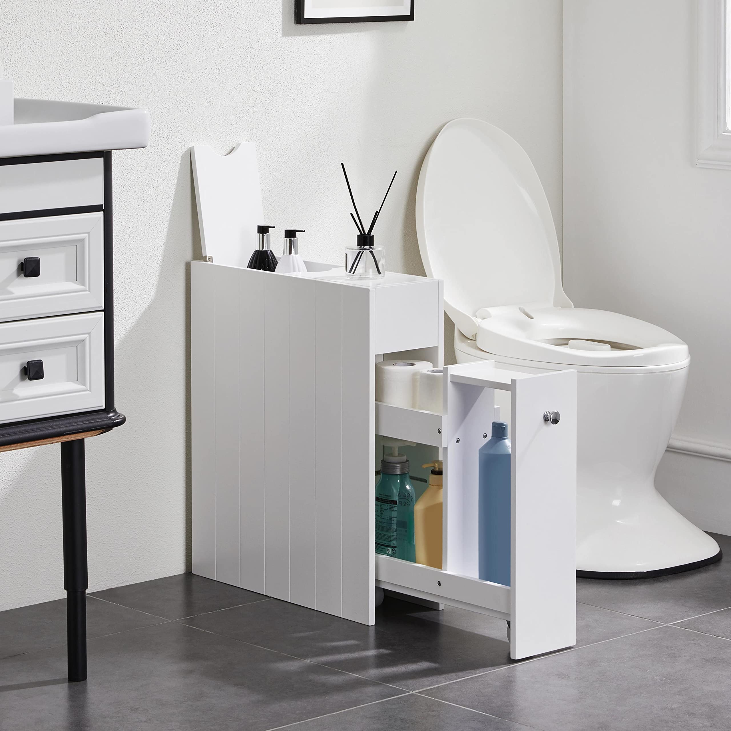 Yaheetech Slim Bathroom Cabinet on Wheels with Drawer & Slide Shelf, White