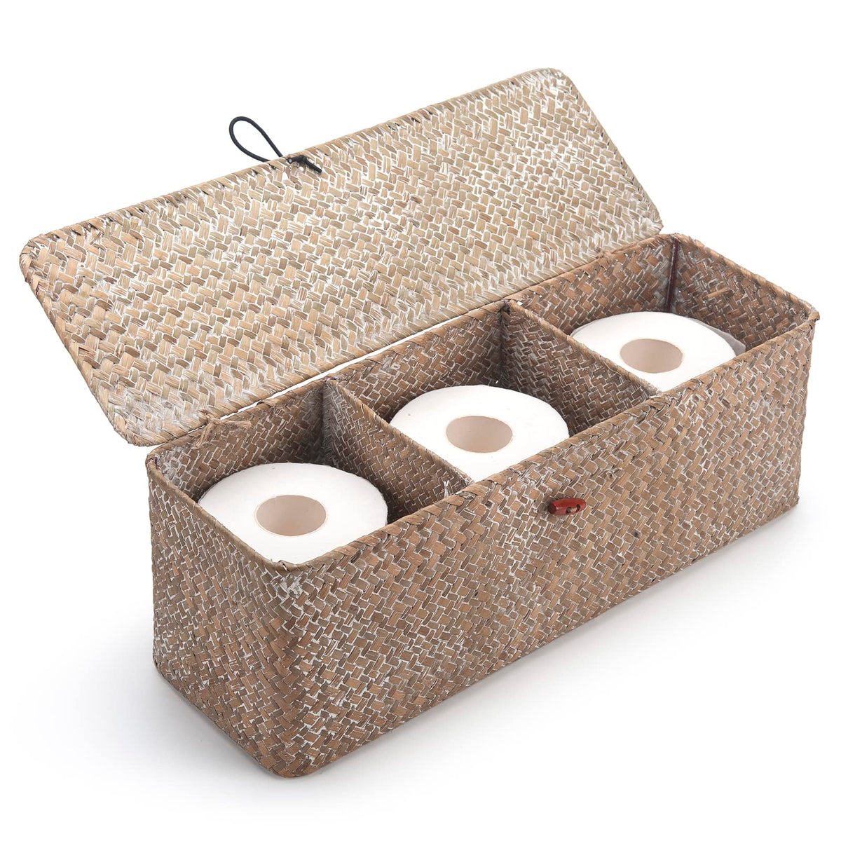 Whitewash Seagrass Tank Basket with Lid Woven Toilet Roll Storage Basket with Sections Rectangular for Organize Snack Toys