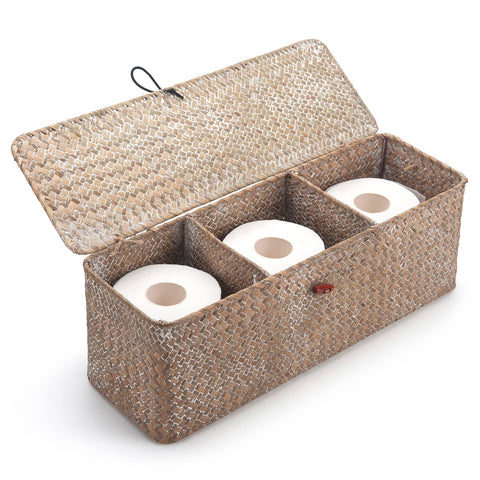 Whitewash Seagrass Tank Basket with Lid Woven Toilet Roll Storage Basket with Sections Rectangular for Organize Snack Toys