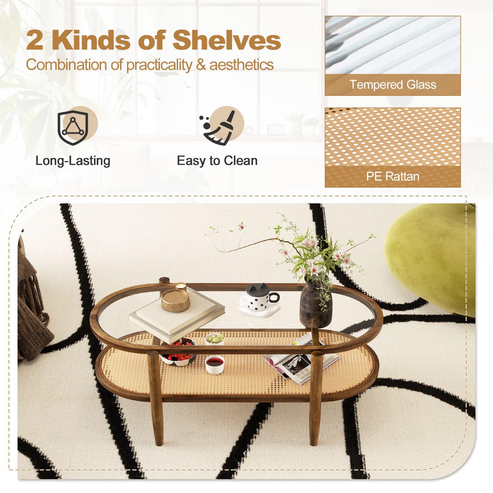 CASART Coffee Table, 2-Tier Tempered Glass Tea Table with Acacia Wood Frame & Rattan Storage Shelf
