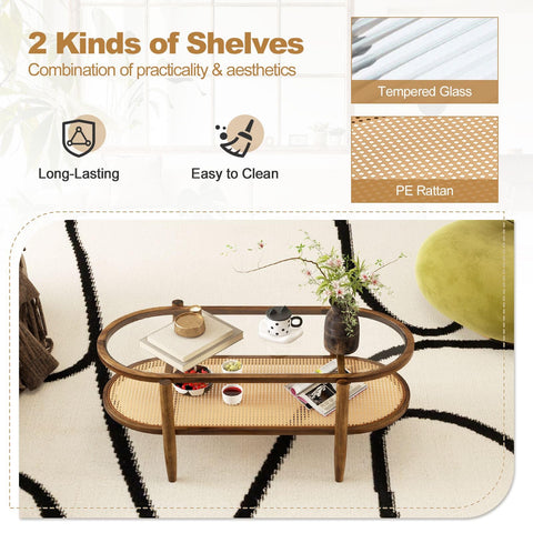 CASART Coffee Table, 2-Tier Tempered Glass Tea Table with Acacia Wood Frame & Rattan Storage Shelf