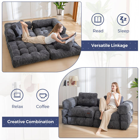 MAXYOYO Foldable Sofa Bed,Bean Bag Couch Convertible Sleeper Chair with Armrest L-Shaped Floor Lounge Sofa with Pillow Portable Lounge Seat for