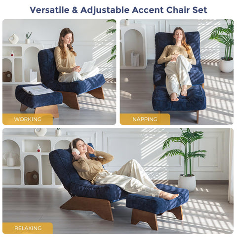 MAXYOYO Corduroy Folding Accent Chair with Footrest, Modern Upholstered Lounge Chair with Adjustable Backrest