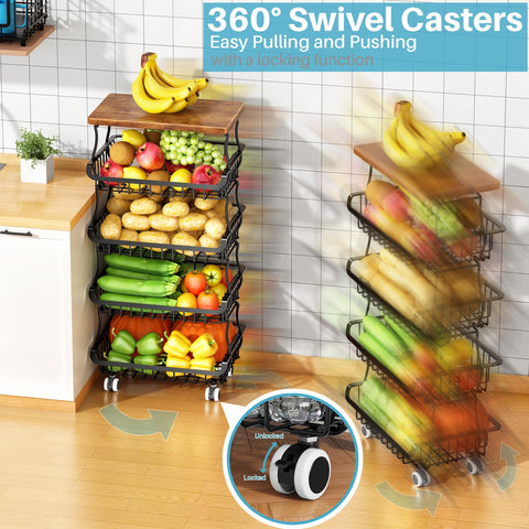 5 Tier Vegetable Fruit Basket for Kitchen, Stackable Metal Fruit and Vegetable Storage Baskets with Rolling Wheels Cart