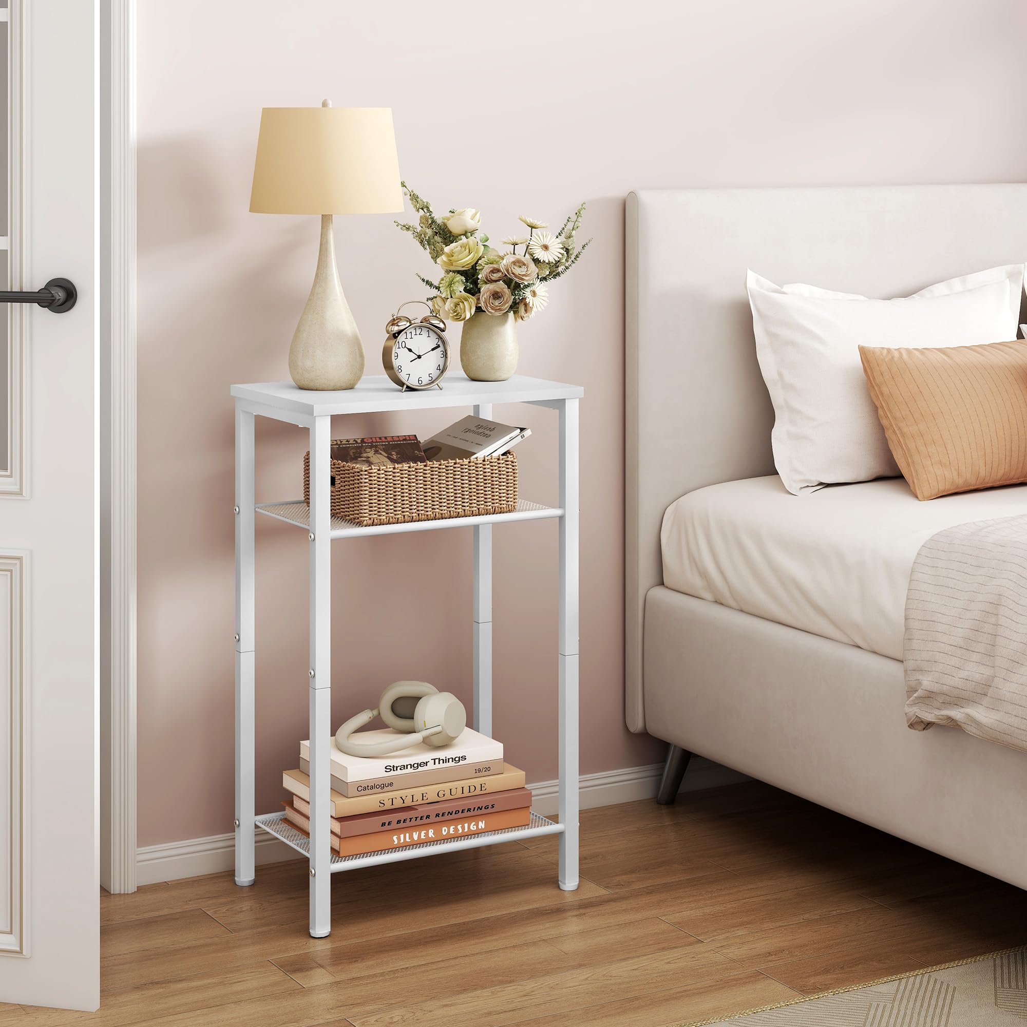 Hoctieon 3 Tier End Table, Telephone Table, Tall Side Table with Storage, Small Nightstand for Small Spaces, Metal Frame, For Living Room, Bedroom