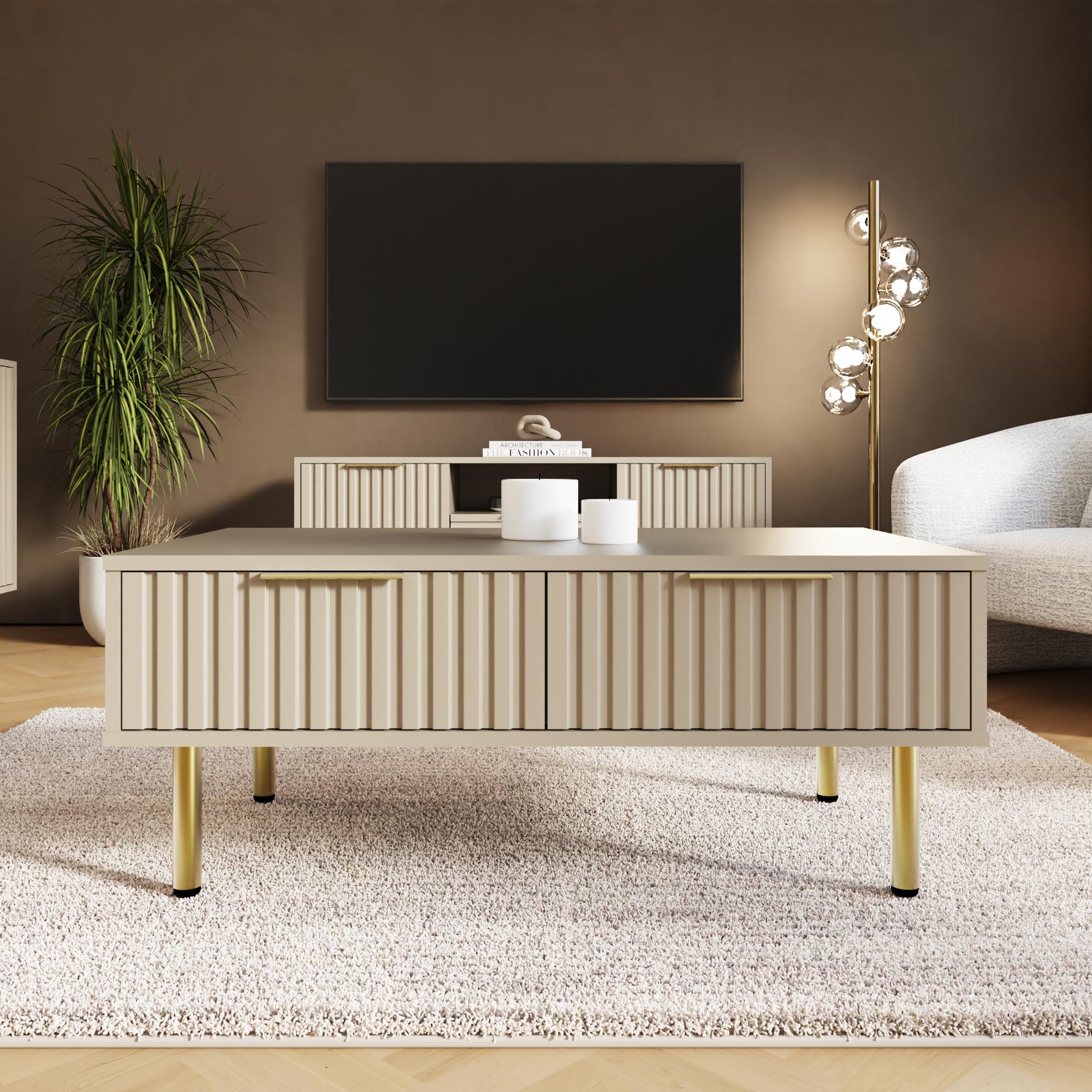 GFW Nervata Coffee Table with 2 Drawers, Oak Effect Living Room Table with Gold Accents & Wood Grain Finish