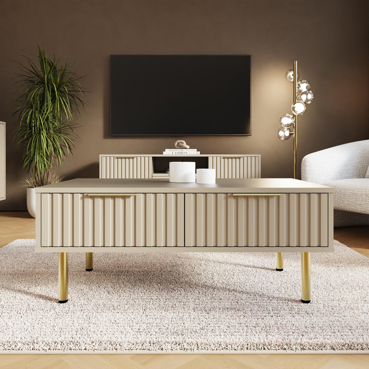 GFW Nervata Coffee Table with 2 Drawers, Oak Effect Living Room Table with Gold Accents & Wood Grain Finish