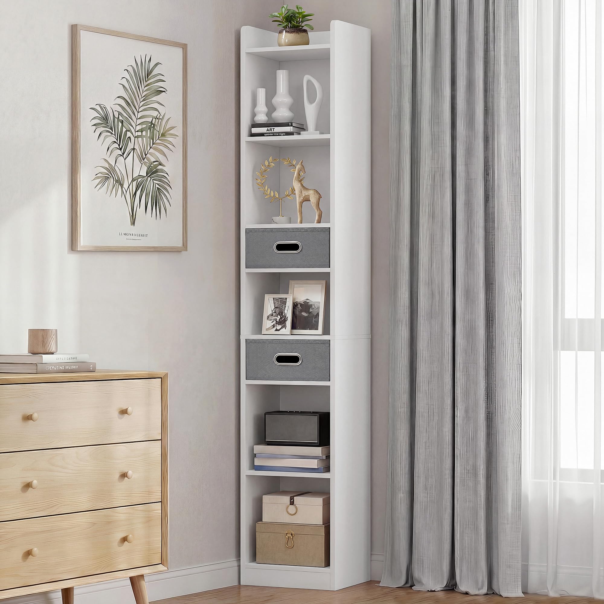 YITAHOME Tall Narrow Bookcase, Thin Corner 5-Tier Bookcase with 2 Fabric Drawers, Freestanding Display Shelf for Living Room, Bedroom, Office, White