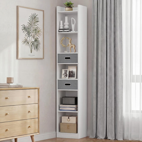YITAHOME Tall Narrow Bookcase, Thin Corner 5-Tier Bookcase with 2 Fabric Drawers, Freestanding Display Shelf for Living Room, Bedroom, Office, White