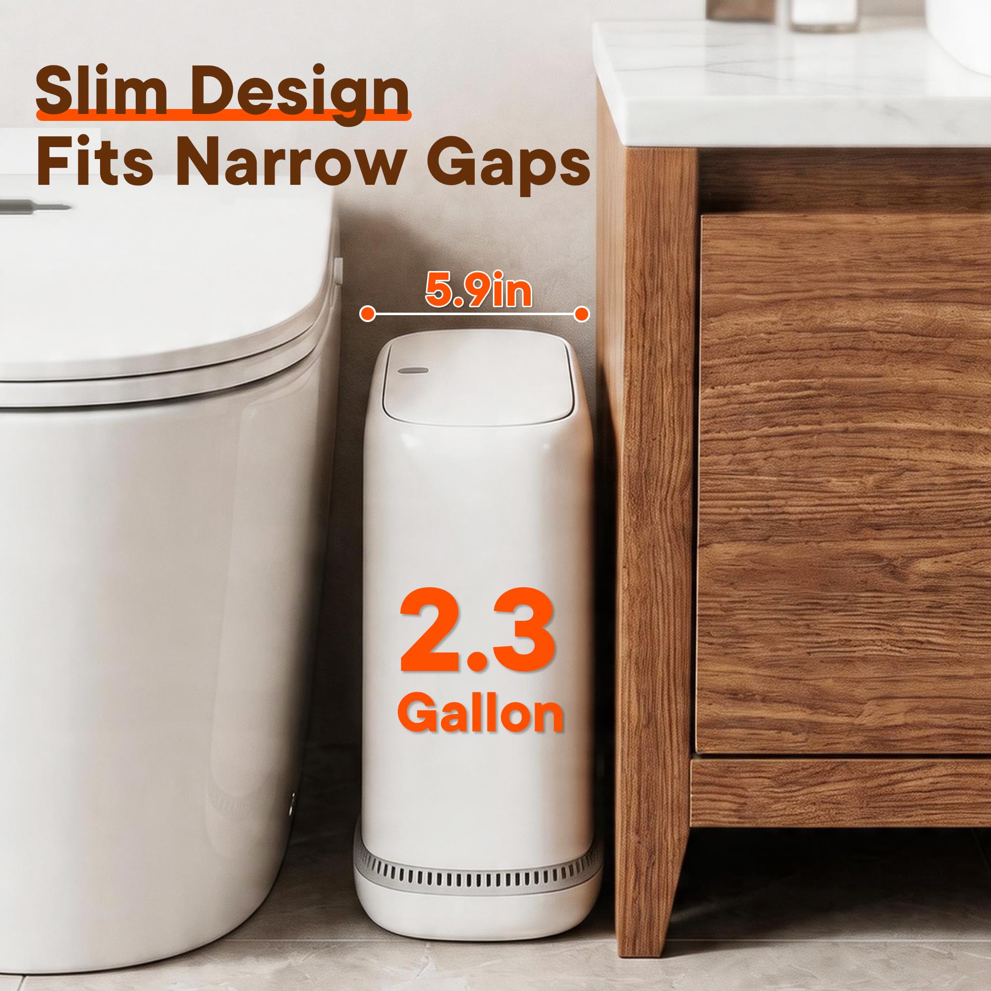 TidyTale Bathroom Trash Can with Lid, Small Slim Garbage Bin with Inner Bucket, Dog Proof Press Top Lid Narrow Wastebasket, Hidden Bag Design