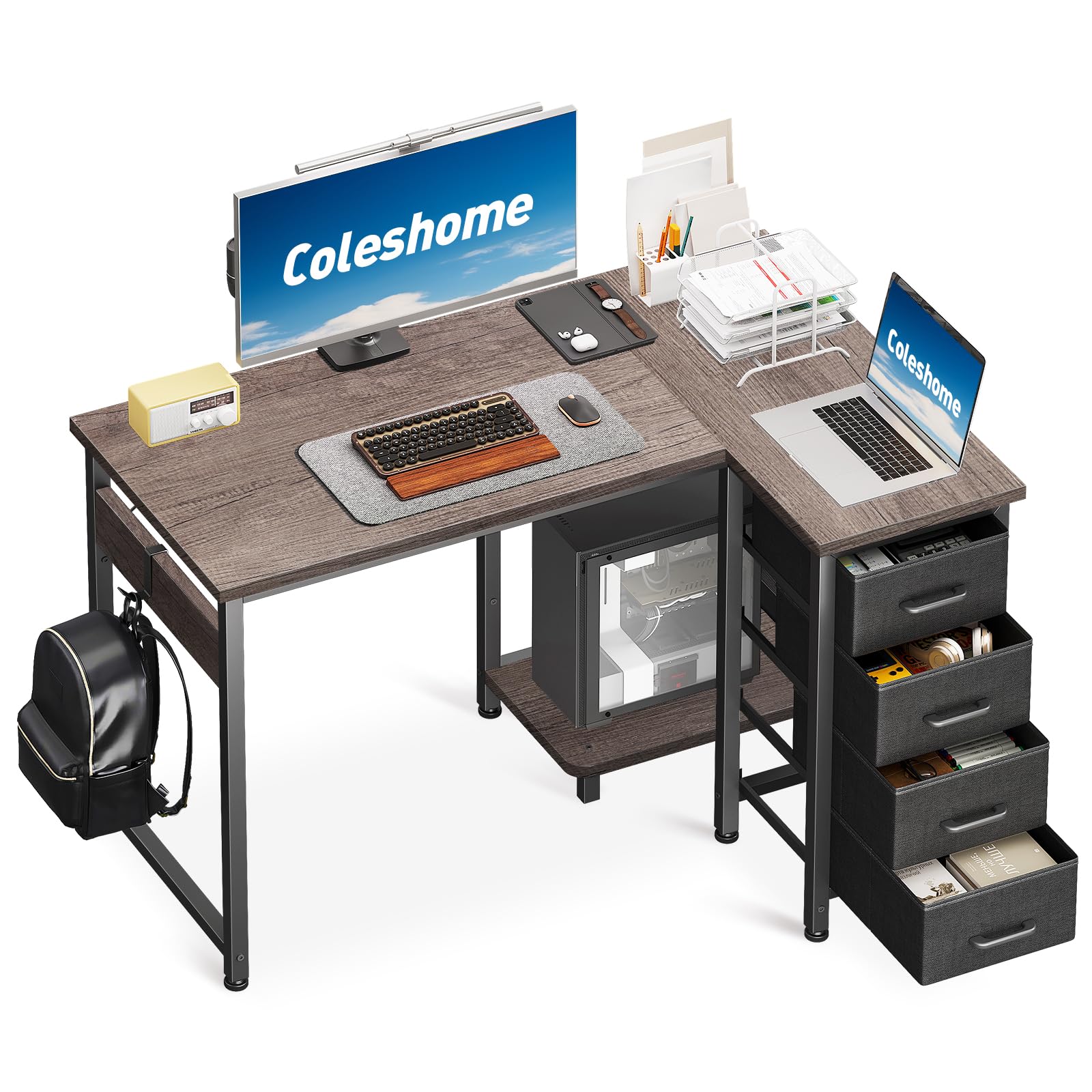 Coleshome Small Corner Desk with Drawers for Home Office, 100x70 cm, Grey