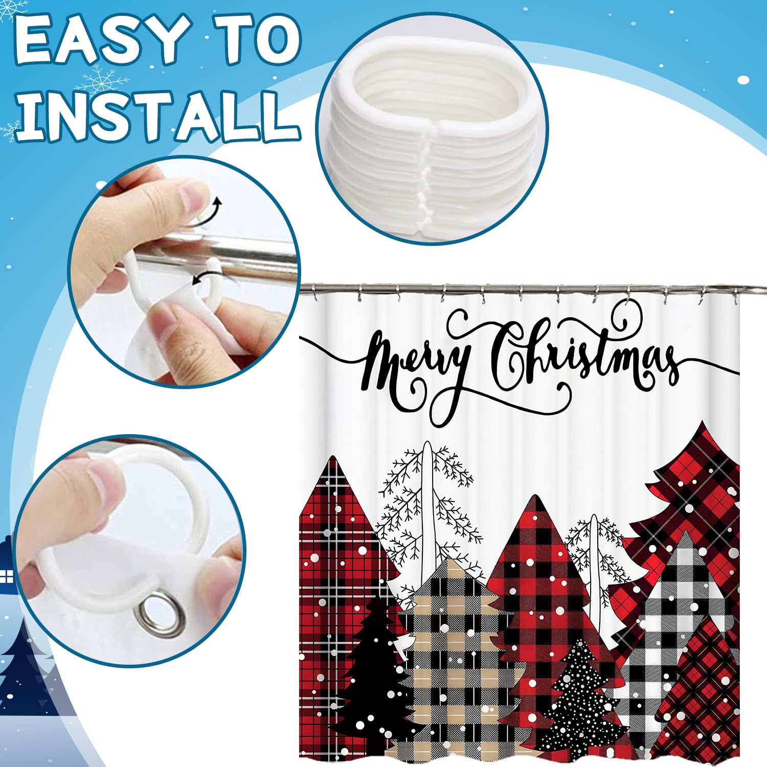 CoFlink 71×71 Inch Merry Christmas Shower Curtain, Waterproof Polyester Fabric Xmas Shower Curtain with 12 Hooks Machine Washable Quick Dry for