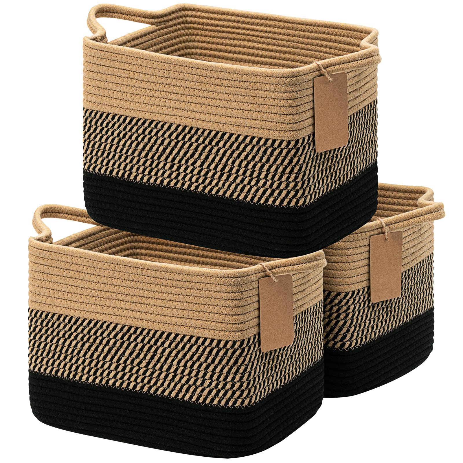 TIMEYARD 3 Pack Storage Baskets for Shelves Woven Cotton Rope Basket Black