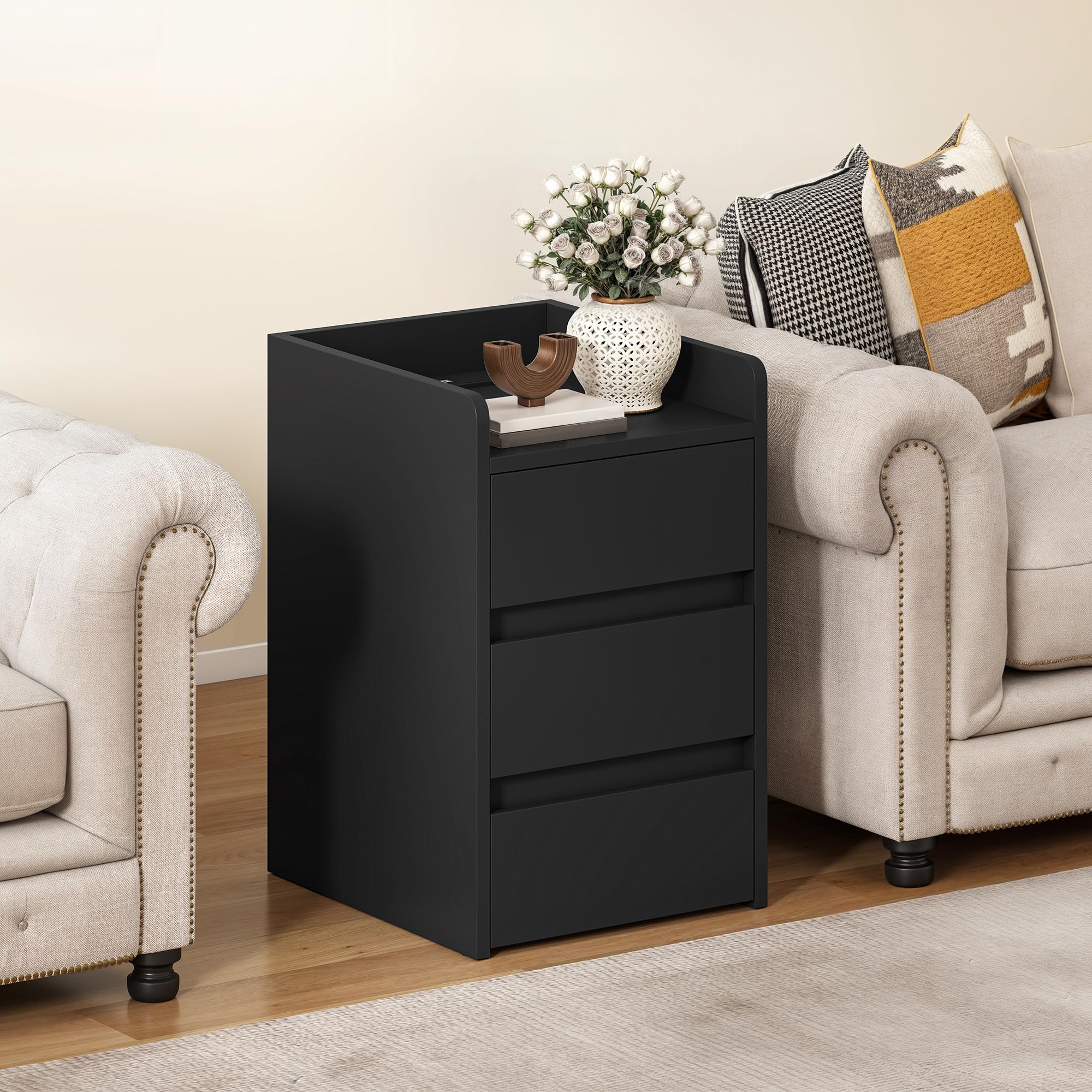 YITAHOME Bedside Table 3 Drawers Charging Station Nightstand Storage Black