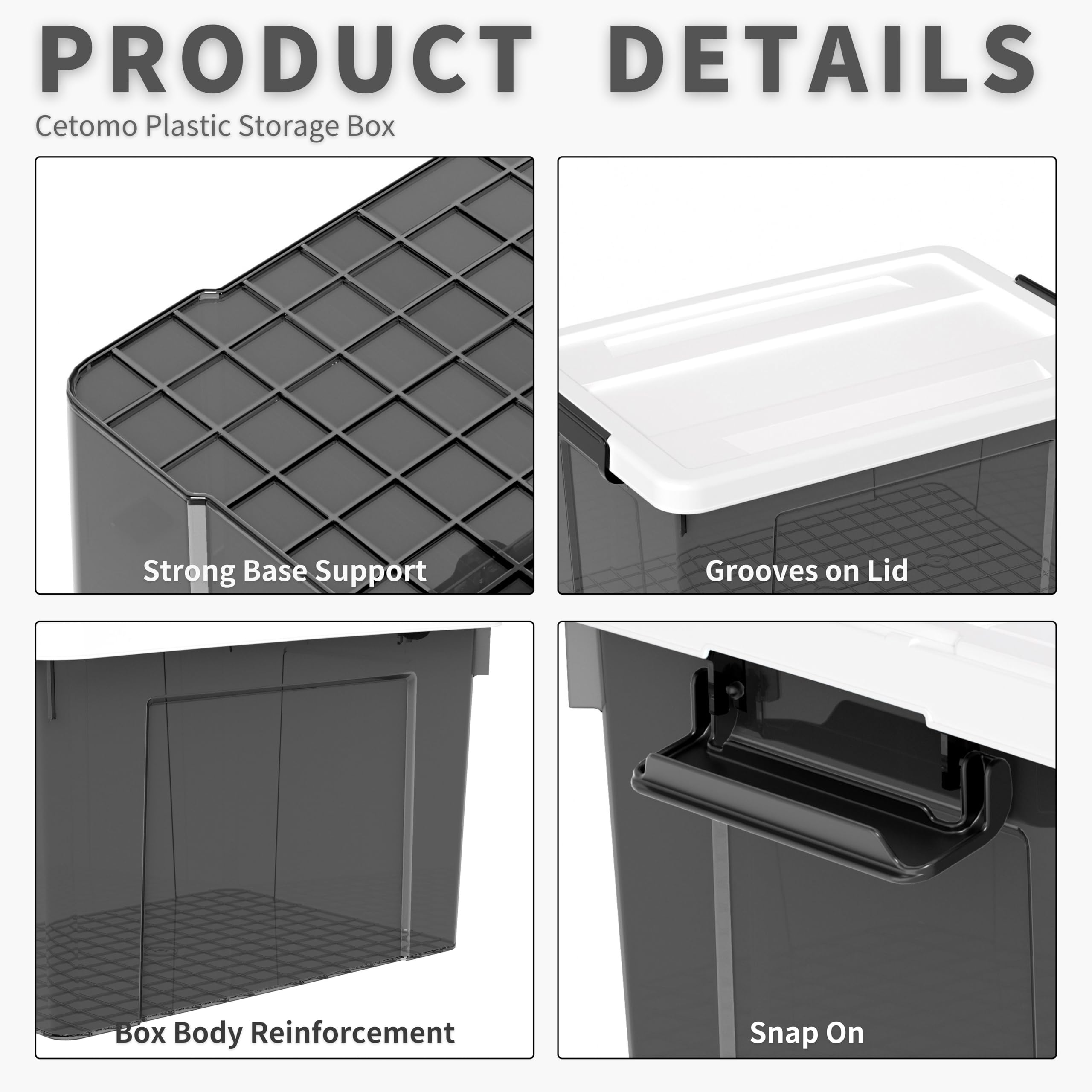 Cetomo 65L*3 Storage Boxes, Plastic Storage Box with Lids, Organizing Container with Secure Latching Buckles, Stackable, Nestable
