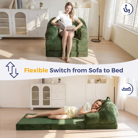 MAXYOYO Folding Sofa Bed with Backrest, Boneless Fold Out Couch Bed with Handle, 2 in 1 Convertible Bean Bag Chair to Floor Sofa Lounger